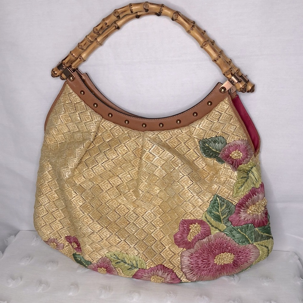 Gucci Raffia floral print bamboo hobo handbag
